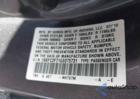 2016 Honda Civic Ex из США, поврежденный, VIN 19XFC2F71GE075731